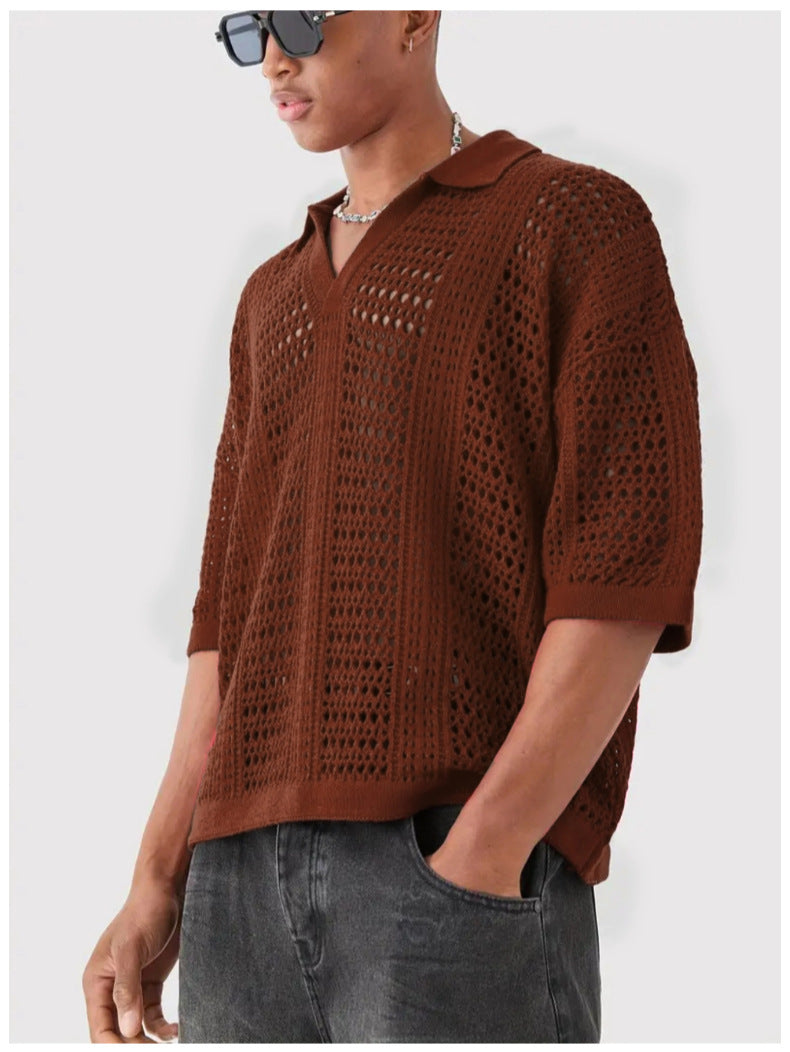 Hollow Mesh Texture Knitted Short-sleeved Polo Shirt - kinko