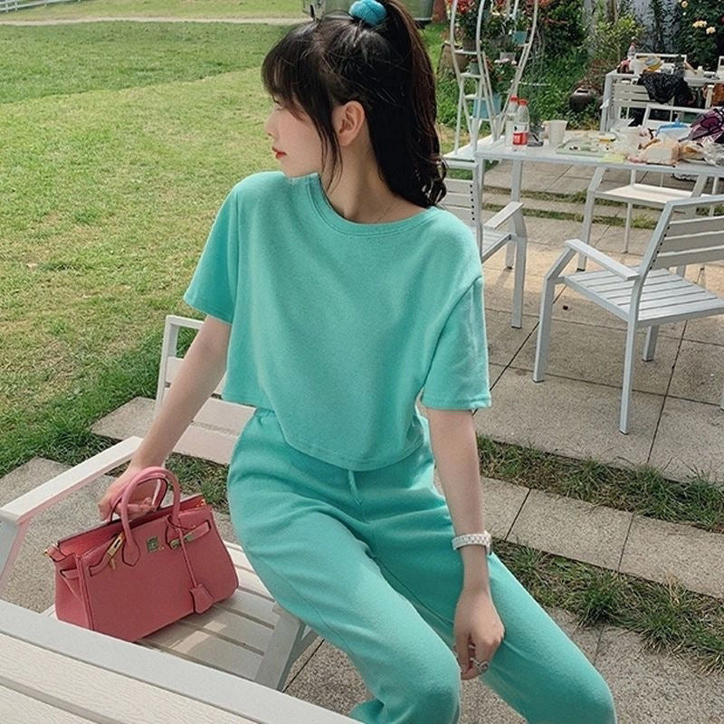 Korean Sweet Girl Sports Loose Slimming And Short T-shirt Ankle-length Pants Two-piece Set - kinko
