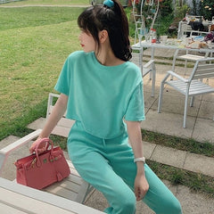 Korean Sweet Girl Sports Loose Slimming And Short T-shirt Ankle-length Pants Two-piece Set - kinko