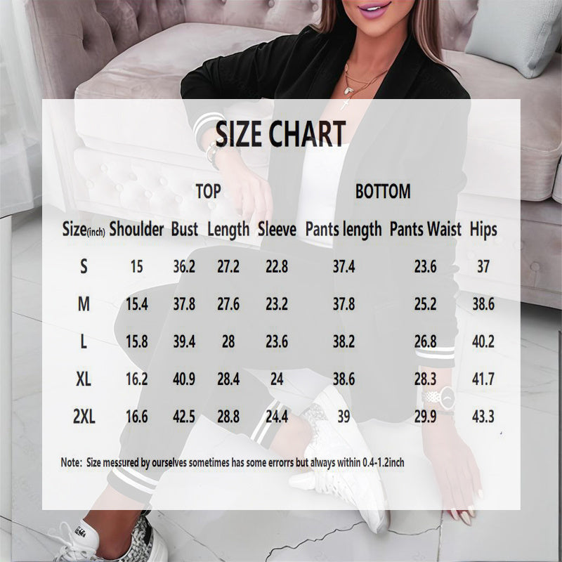 Women's Solid Color Suit Set - Striped Pocket Long Sleeve Blazer & Elastic Waist Trousers Professional Two-Piece Outfit - kinko