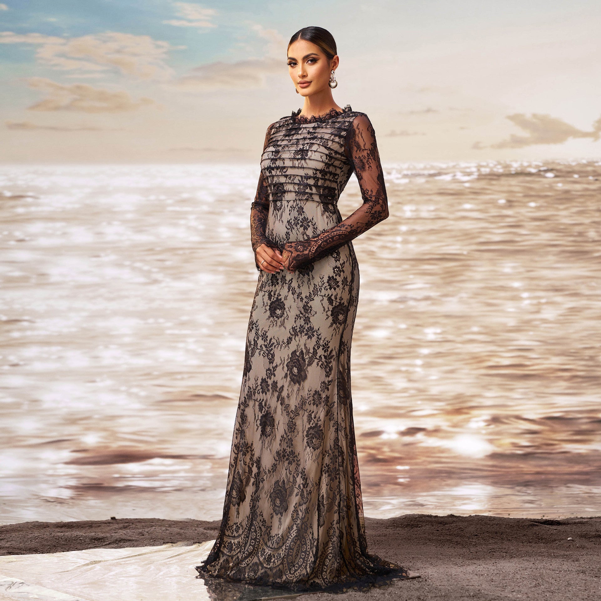 Long Sleeve Round Collar Gauze Sheath Fishtail Evening Dress - kinko
