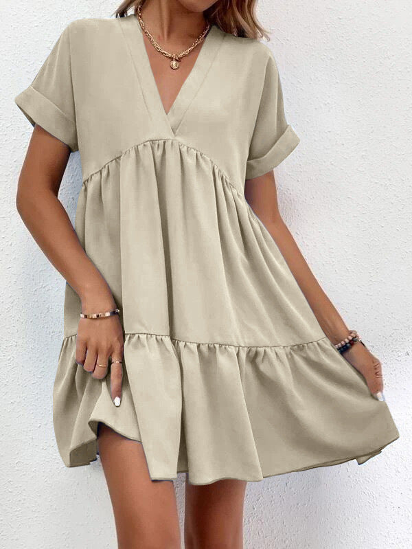 New Short-sleeved V-neck Dress Summer Casual Sweet Ruffled Dresses Solid Color Holiday Beach Dress For Womens Clothing - kinko