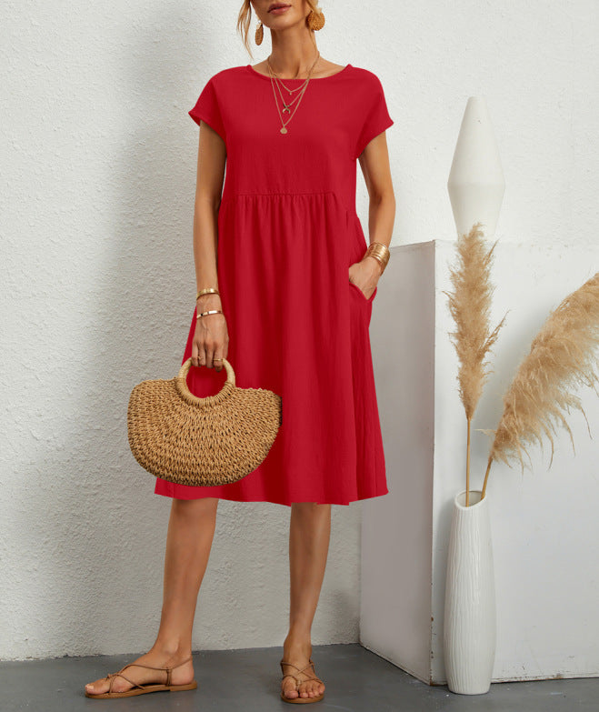 Summer Short-sleeved Dress With Pockets Fashion Solid Round Neck A-line Dresses For Women Clothing - kinko