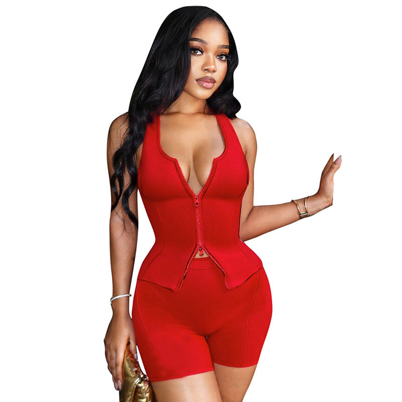 Women's Sexy Exercise Sleeveless Zipper Vest Top Tight Shorts Two-piece Suit - kinko