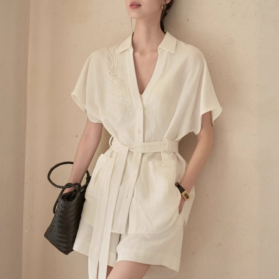 Imitation Cotton And Linen Texture Heavy Industry Short Sleeve Shirt Coat Shorts Suit - kinko