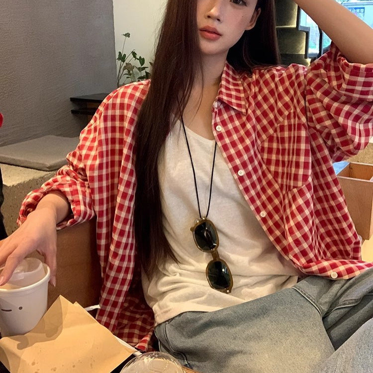 Red Plaid Shirt Cardigan Women's Long Sleeve Jacket - kinko