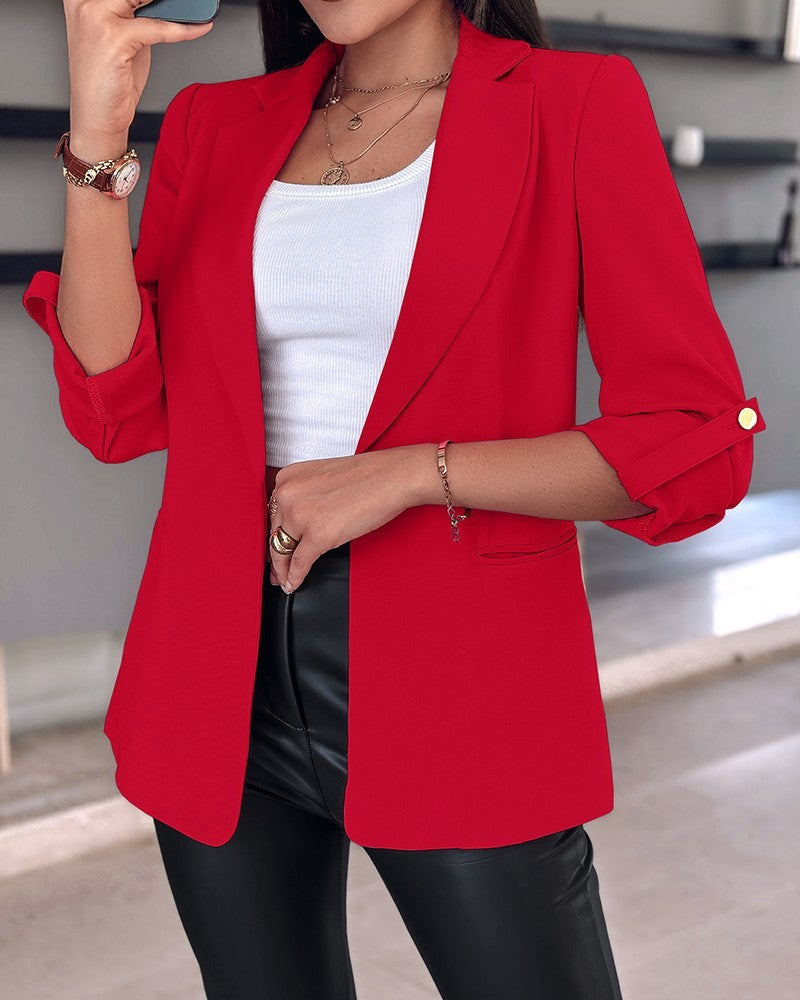 Women's Casual Rolled Sleeves Blazer With Pockets - kinko