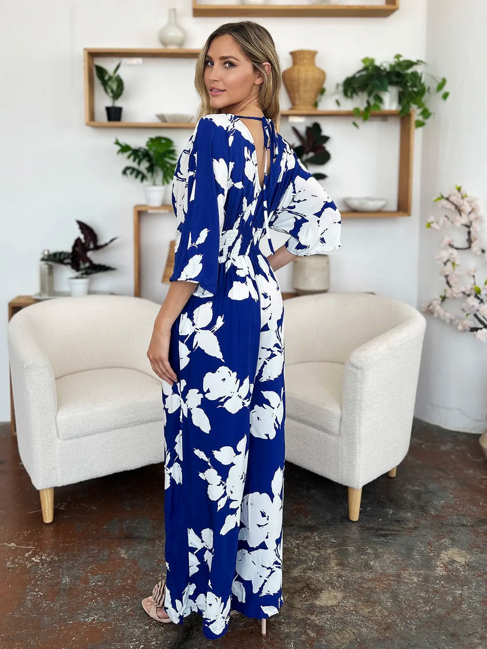 Double Take Full Size Printed Tie Back Wide Leg Jumpsuit - kinko