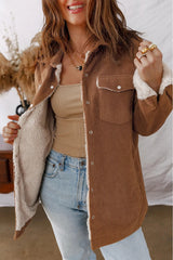 Cinnamon Fleece Lined Buttoned Flap Pockets Corduroy Jacket - kinko