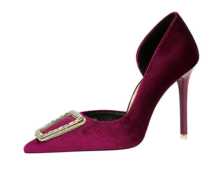 Cocktail High Heels Stiletto Heel Shallow Mouth Pointed Toe Metal Buckle Suede Side Empty Super High Heel Shoes - kinko Global Holdings inc