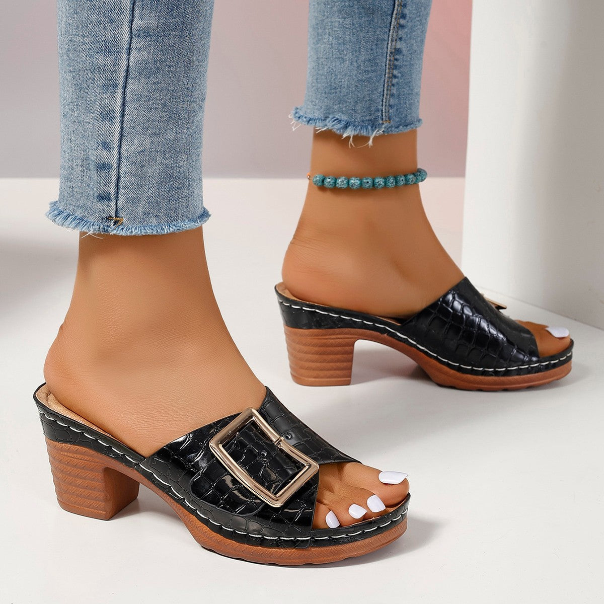 Thick Heel V Cut Peep Toe Slippers Women Summer Ankle Strap High Heel Sandals - kinko Global Holdings inc