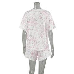 Autumn Casual Home Wear round Neck Short Sleeve Ruffled Shorts Two Piece Knitted Printed Pajamas for Women
