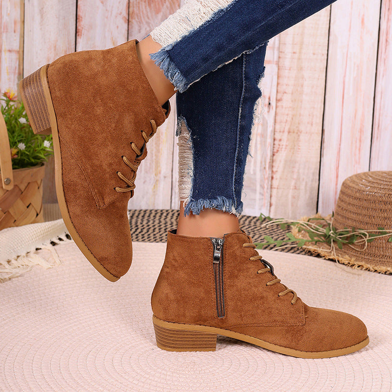 Autumn Chunky Heel Short Martin Boots Women British plus Size Lace up Chunky Heel Ankle Boots - kinko Global Holdings inc
