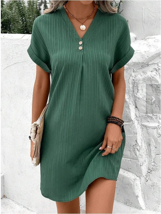 Fashion V-neck Short-sleeved Dress Casual Solid Strip Button Dresses Womens Clothing - kinko