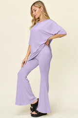 Double Take Full Size Round Neck Drop Shoulder T-Shirt and Flare Pants Set - kinko