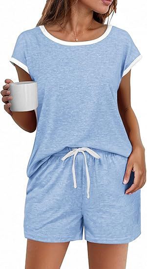 Short Sleeve Color-block Crew Neck Top Waist Drawstring Suit - kinko