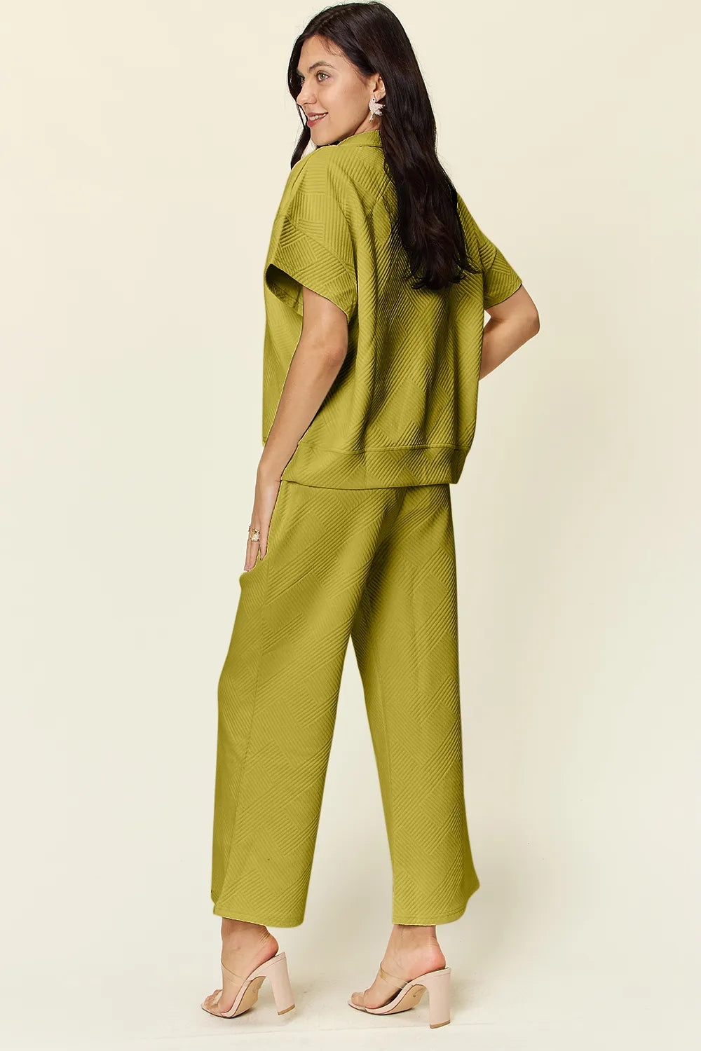 Double Take Full Size Texture Half Zip Short Sleeve Top and Pants Set - kinko