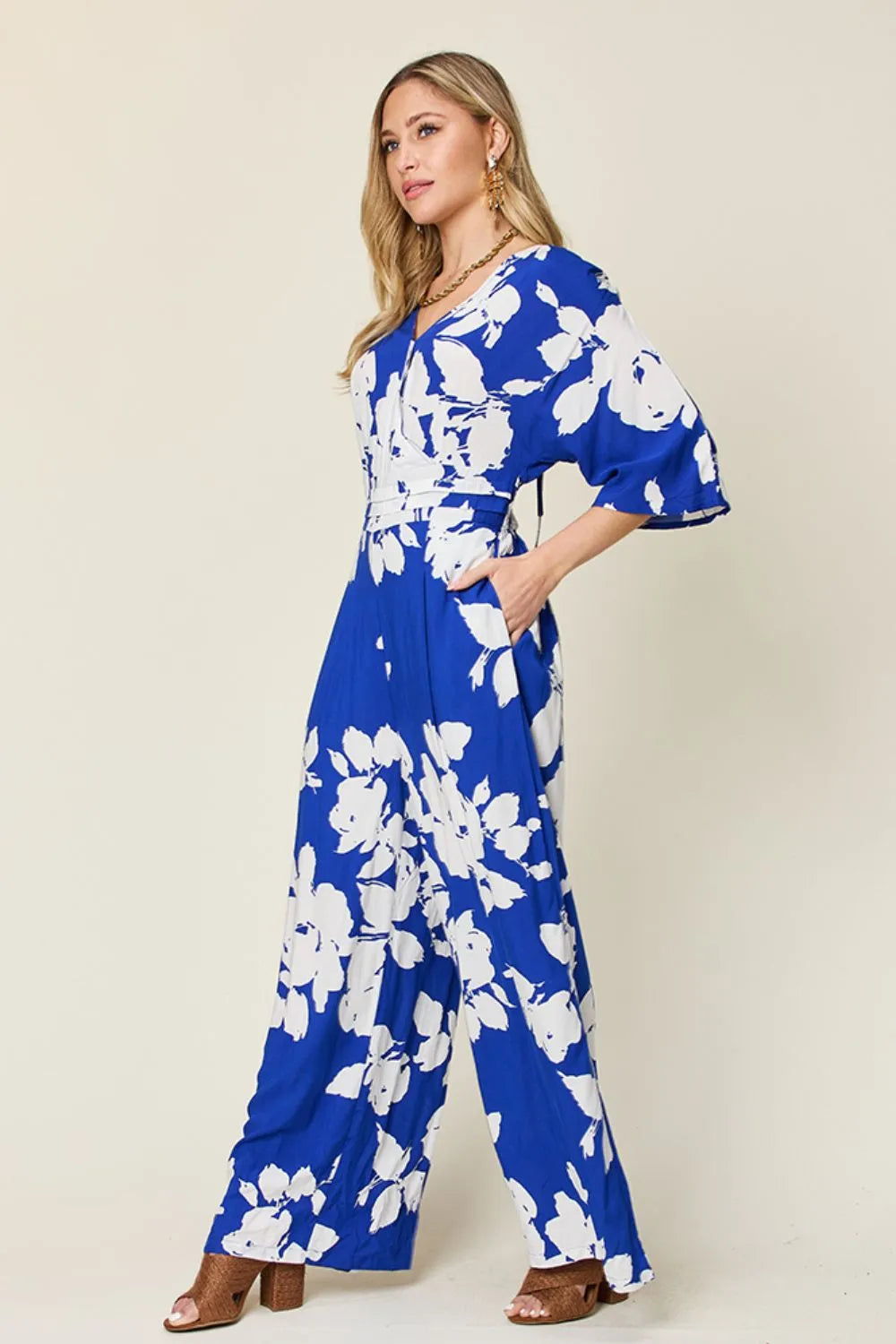 Double Take Full Size Printed Tie Back Wide Leg Jumpsuit - kinko