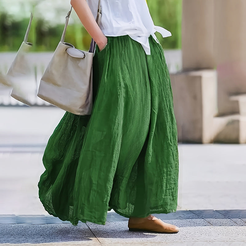 Women Bohemian Beach A-Line Dress Elastic Waist Flowy Long Maxi Skirt With Pockets - kinko