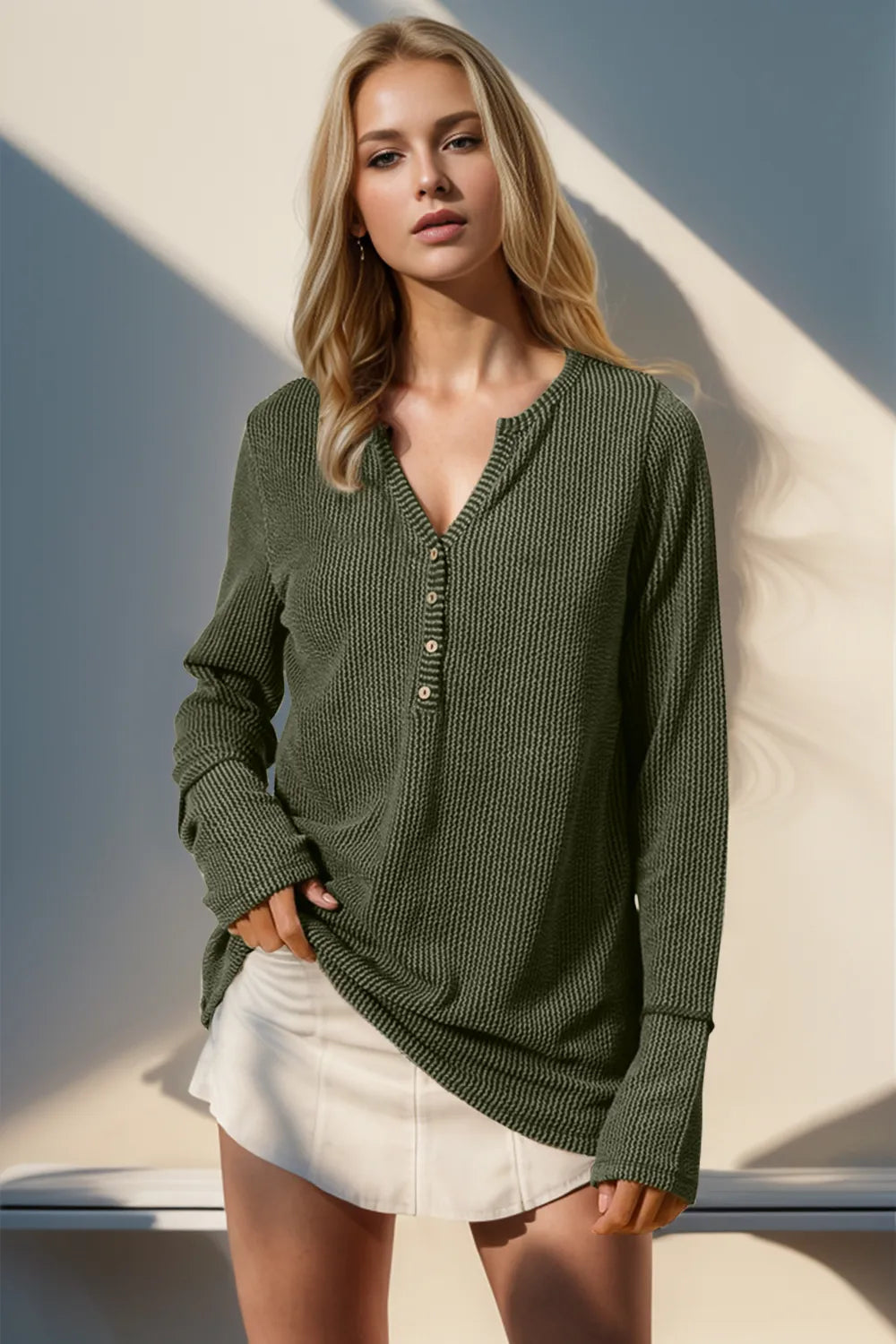 Double Take Full Size Notched Thumbhole Long Sleeve T-Shirt - kinko