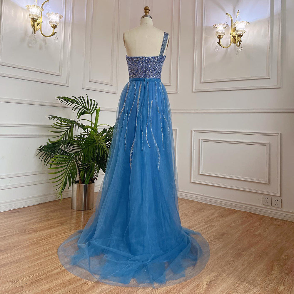Blue Handmade Beaded Split Shoulder Fishtail Dress - kinko
