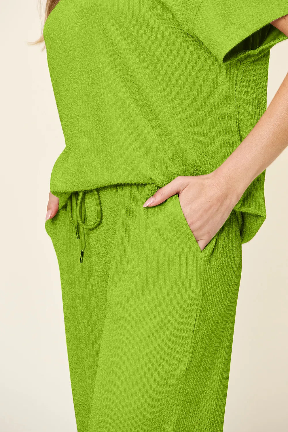 Double Take Full Size Texture Round Neck Short Sleeve T-Shirt and Wide Leg Pants - kinko
