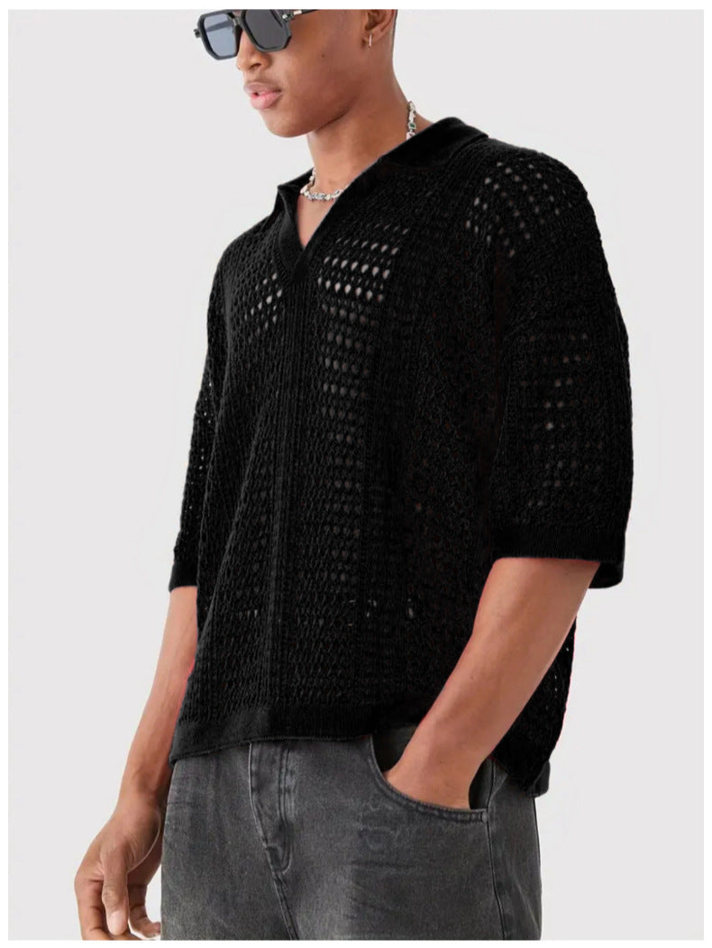 Hollow Mesh Texture Knitted Short-sleeved Polo Shirt - kinko