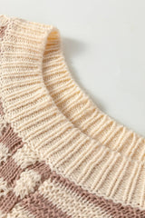 Khaki Stripe Checkerboard Drop Shoulder Balloon Sleeve Sweater - kinko