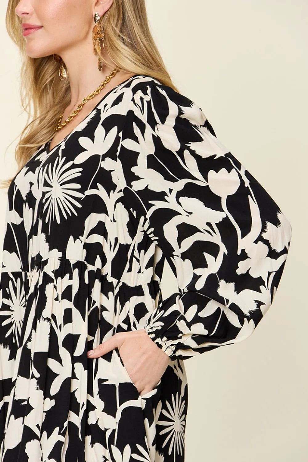 Double Take Full Size Printed Ruffle Hem Dress with Pocket - kinko