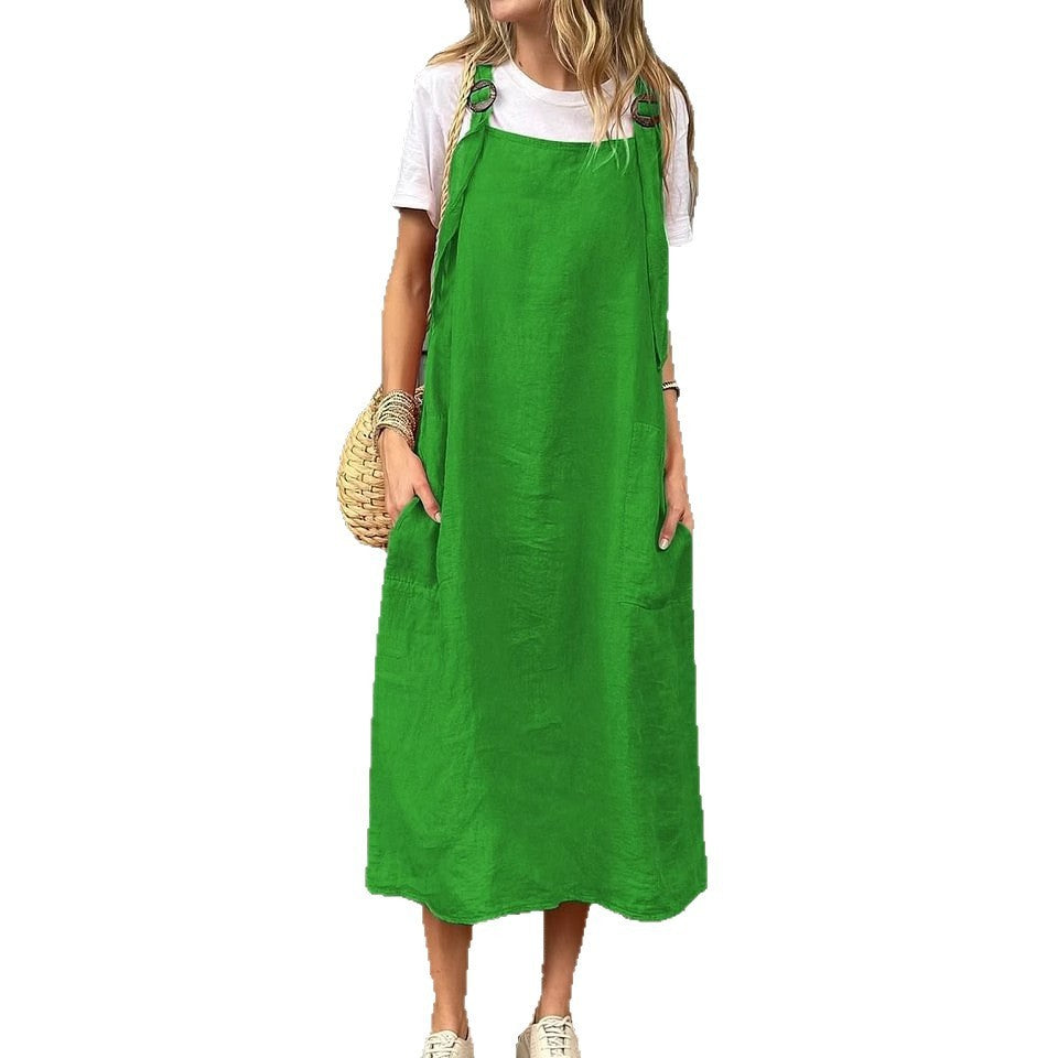 Summer Women's Adjustable Shoulder Strap Casual Cotton And Linen Dress - kinko