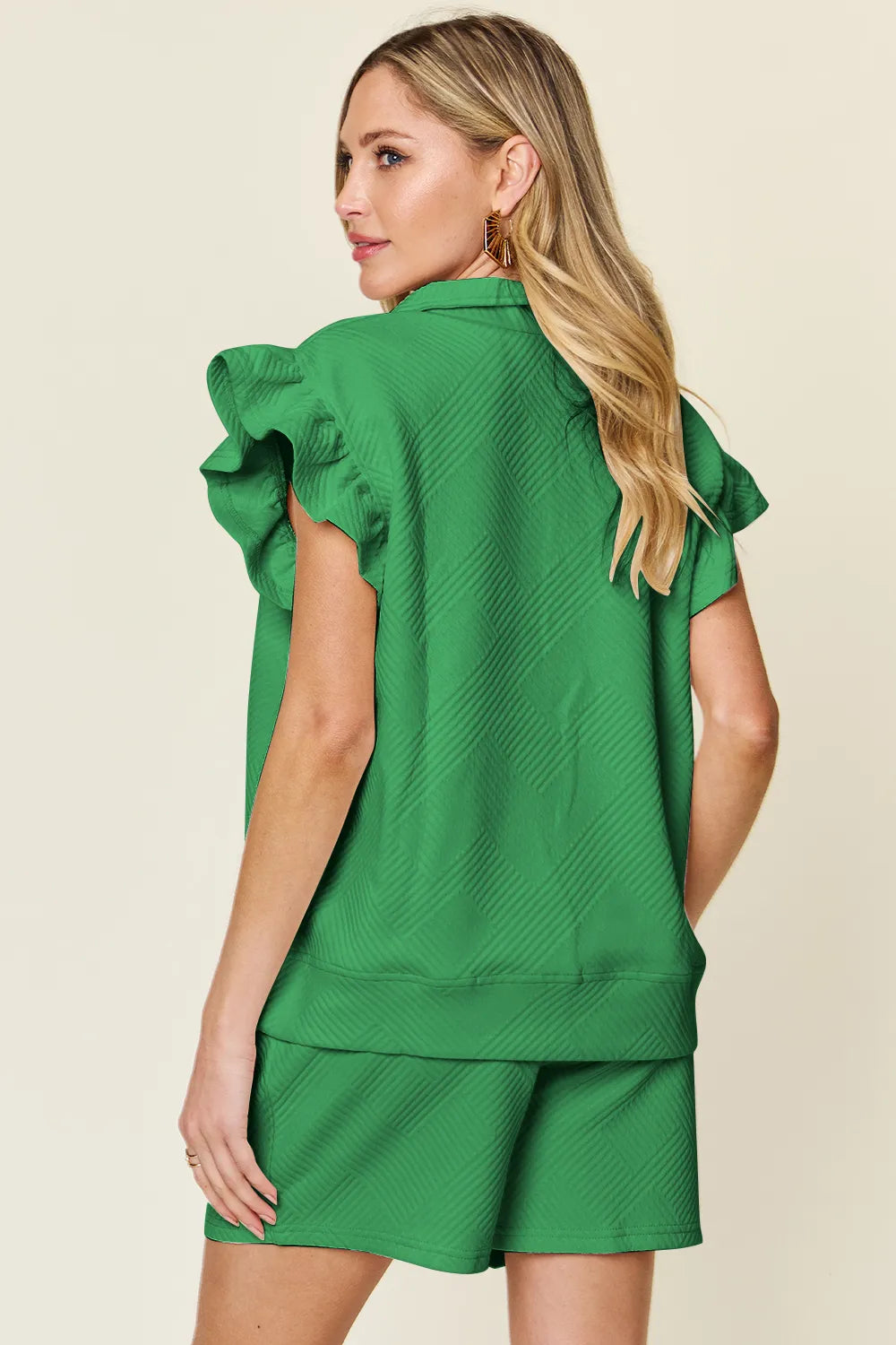 Double Take Full Size Texture Flounce Sleeve Top and Drawstring Shorts Set - kinko