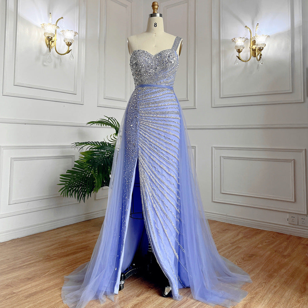 Blue Handmade Beaded Split Shoulder Fishtail Dress - kinko