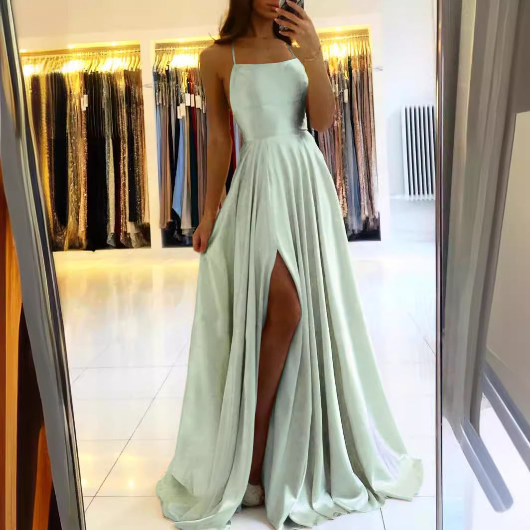 Amazon Long European And American Style Dress Slim Strap Back-to-back Dress High Slit Dance Host Dress - kinko
