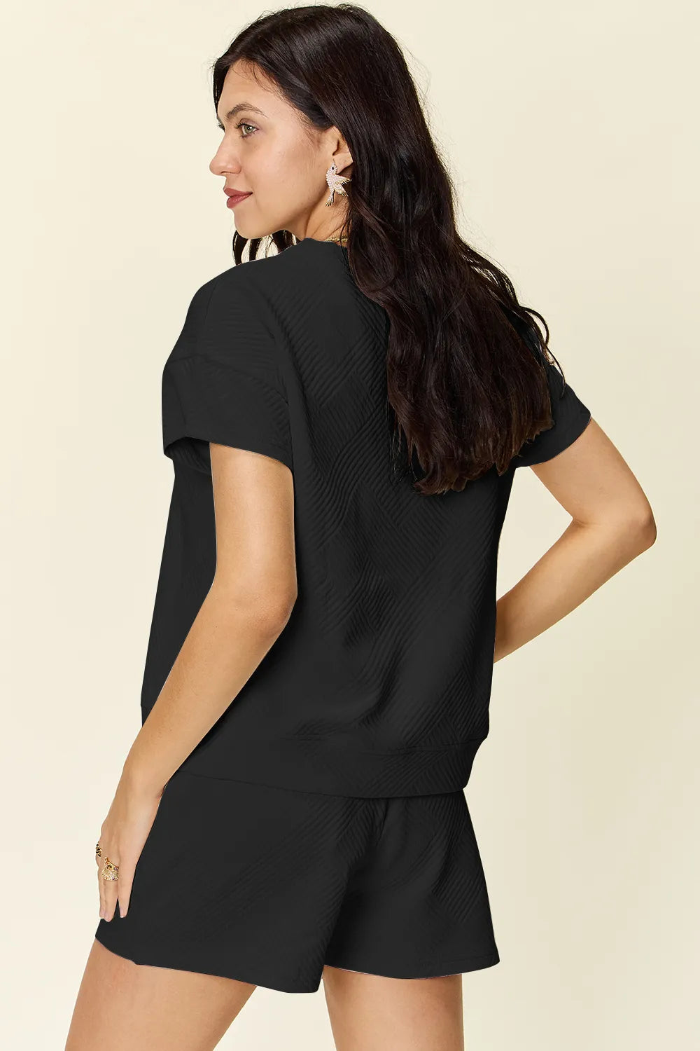 Double Take Full Size Texture Short Sleeve T-Shirt and Drawstring Shorts Set - kinko