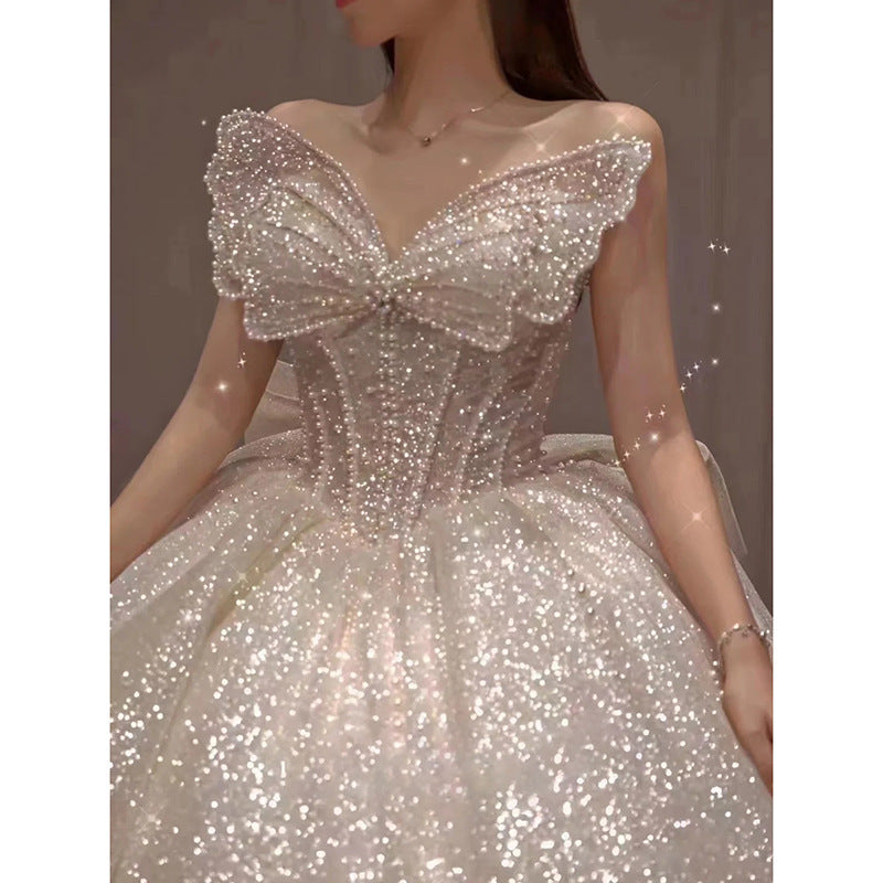 One-shoulder High-quality Long Trailing Heavy Industry Retro Wedding Dress - kinko