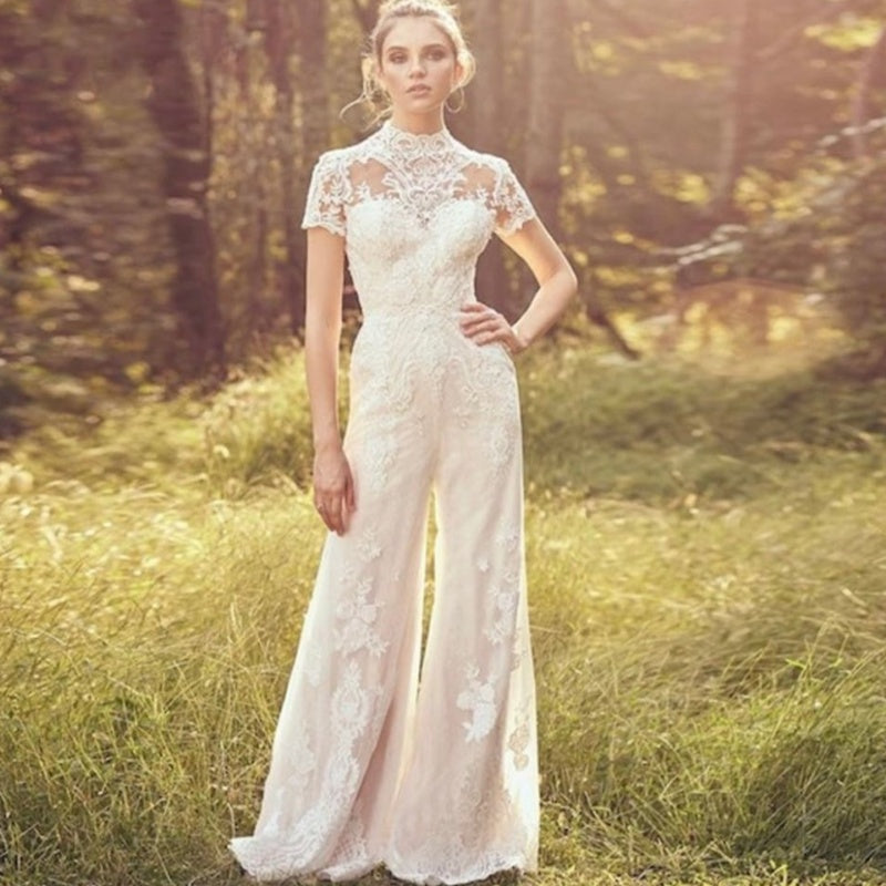 Bride Pants Suit Wedding Bridal Gowns Short Sleeve Jumpsuit - kinko