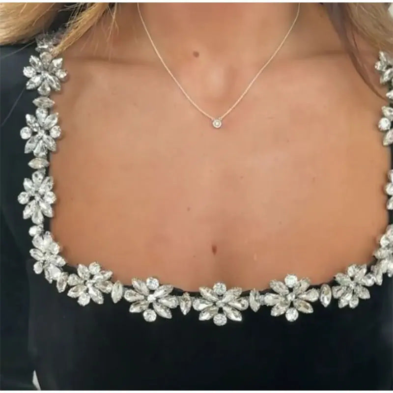 Elegant Square Neck Long-sleeved Dress With Flowers Rhinestone Design Fashion A-line Short Dresses Spring Clothing For Women - kinko