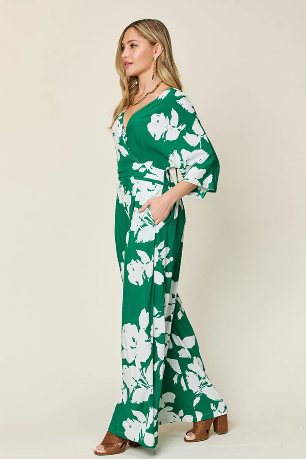 Double Take Full Size Printed Tie Back Wide Leg Jumpsuit - kinko