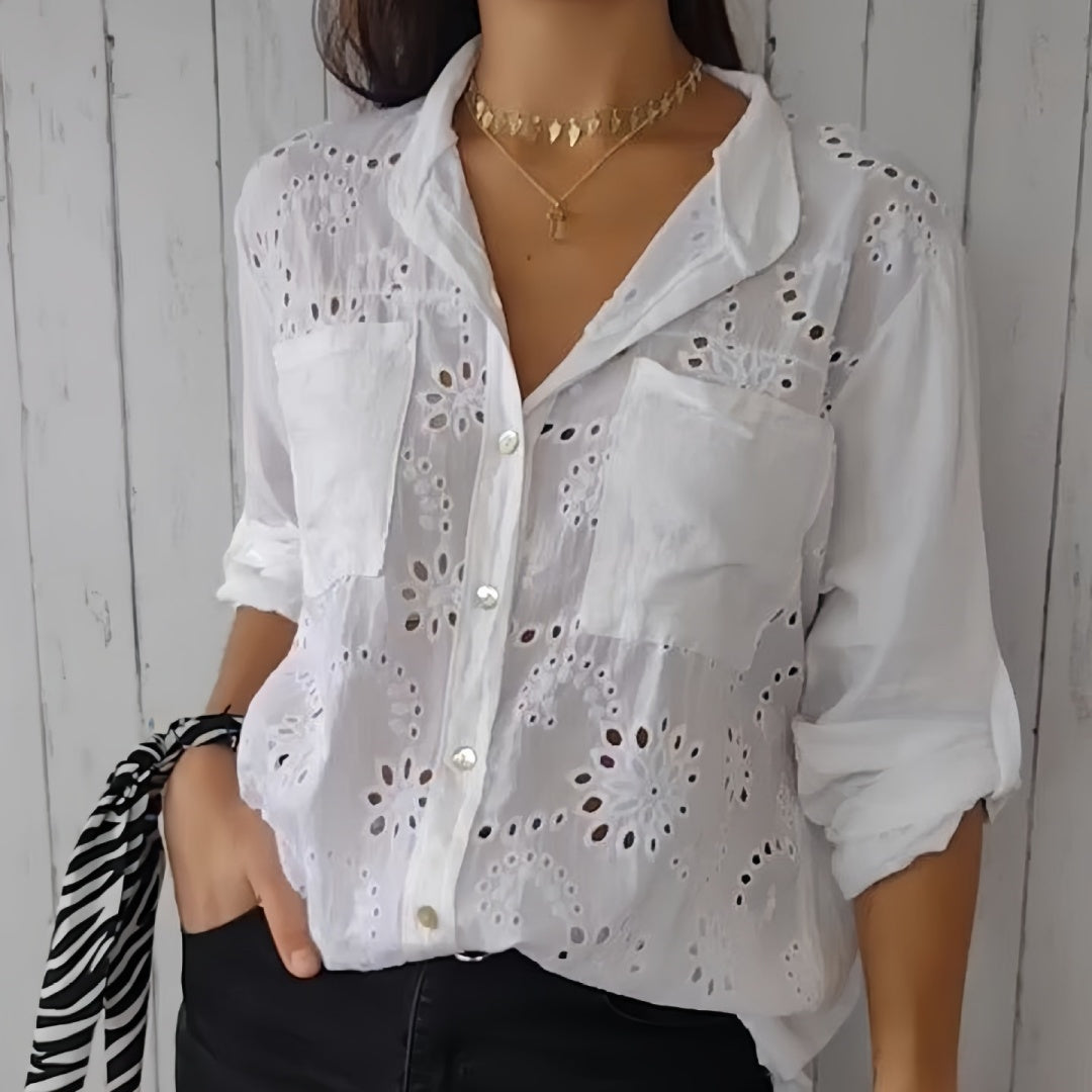 Women's Casual Hollow-out Design Pocket Long Sleeve Button-down Shirt - kinko