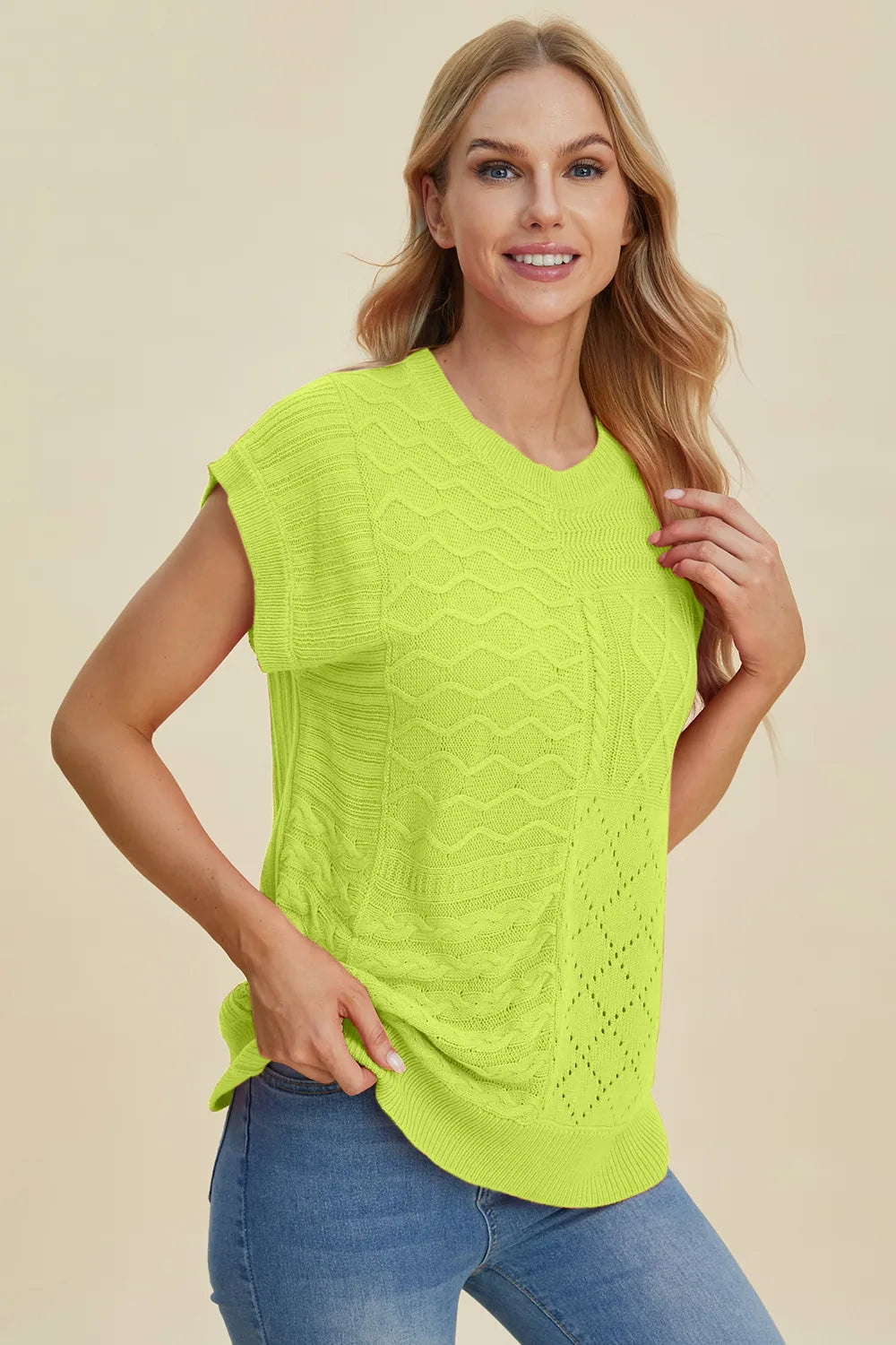 Double Take Full Size Cable-Knit Round Neck Cap Sleeve Sweater - kinko