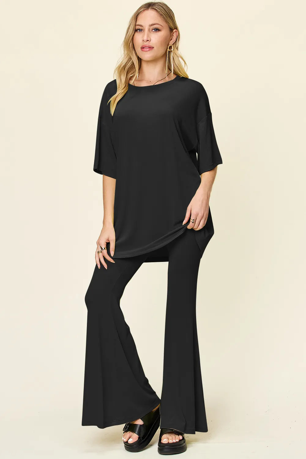 Double Take Full Size Round Neck Drop Shoulder T-Shirt and Flare Pants Set - kinko