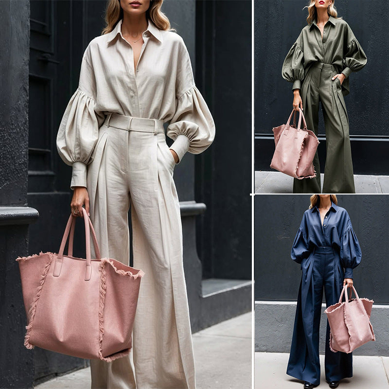 Long-sleeved Shirt Wide-leg Pants Cotton And Linen Two-piece Suit - kinko
