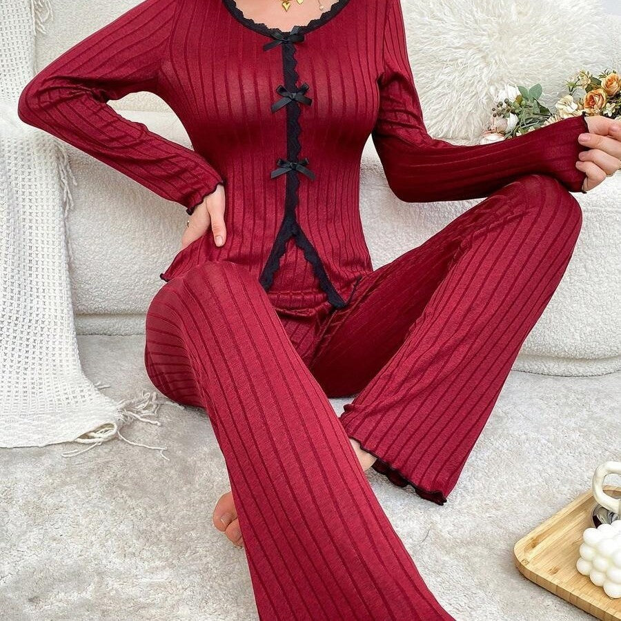 Long Sleeve Trousers Casual Homewear Lace Cardigan Suit - kinko