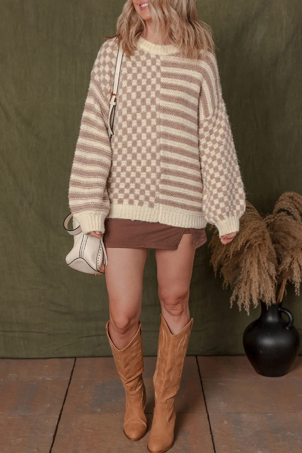 Khaki Stripe Checkerboard Drop Shoulder Balloon Sleeve Sweater - kinko