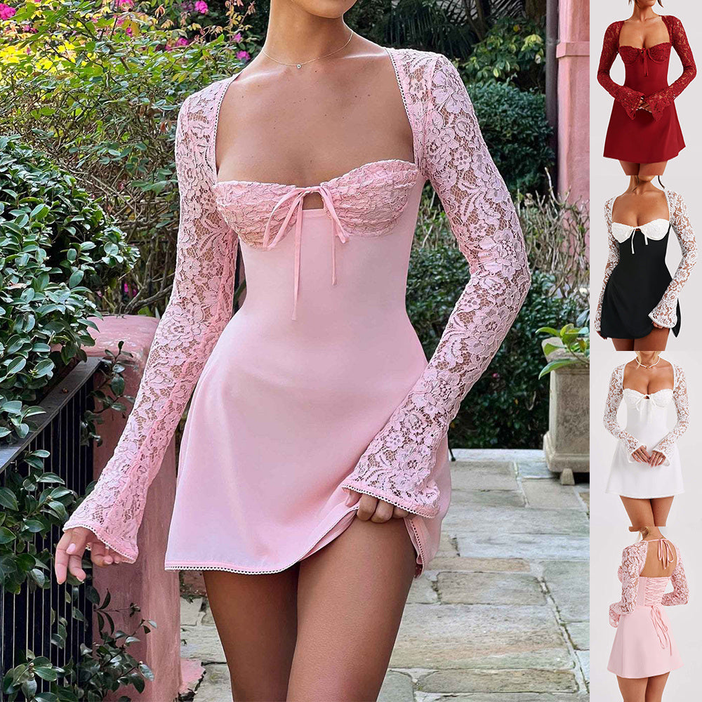 Y2K Lace Long Sleeve Dress Fashion Sexy Corset Backless Lace Up Short Dresses Womens Clothing - kinko