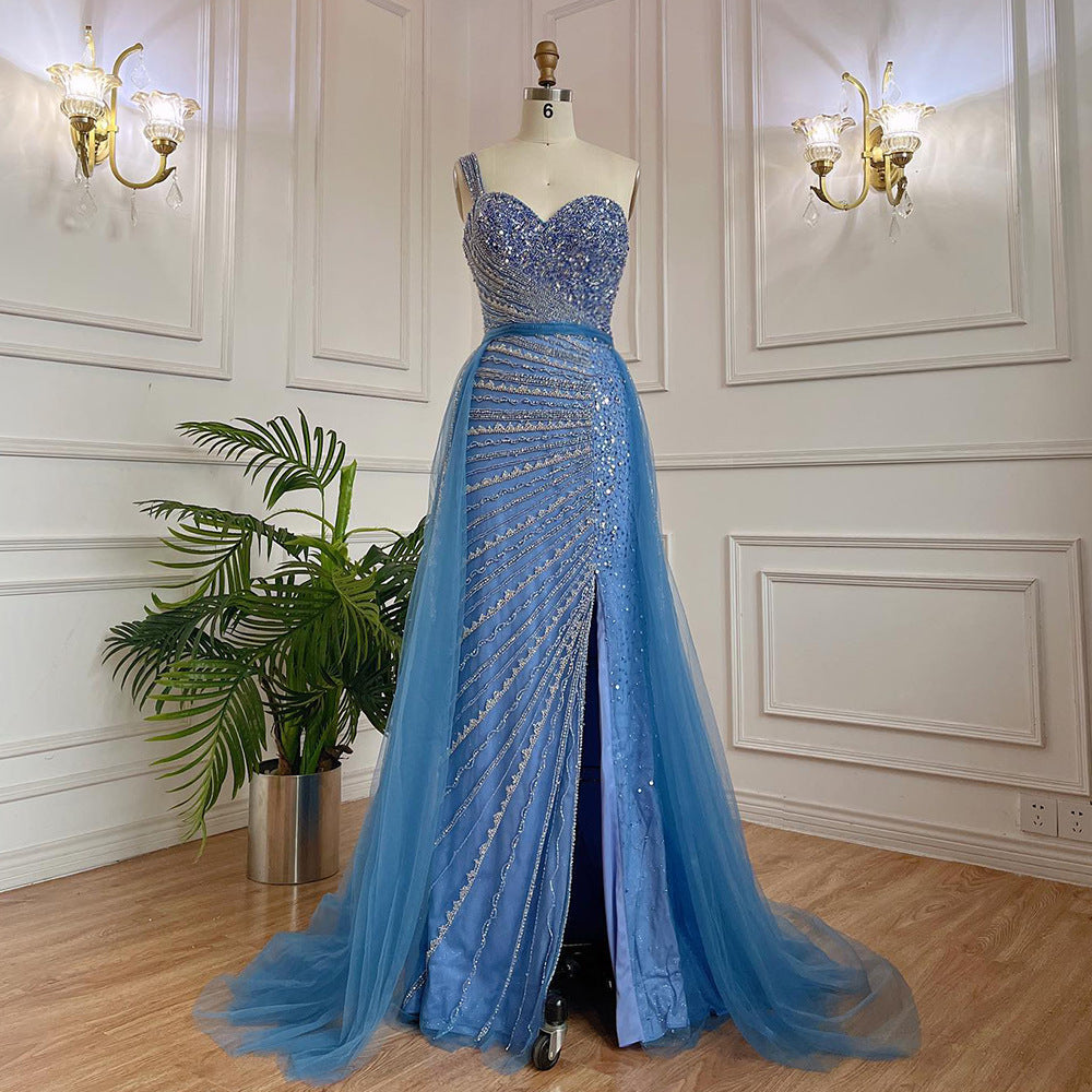 Blue Handmade Beaded Split Shoulder Fishtail Dress - kinko