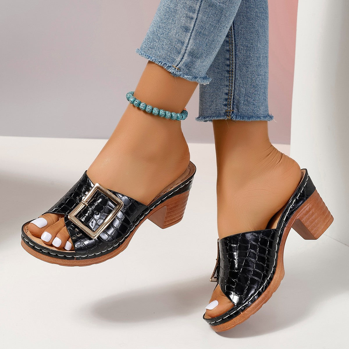 Thick Heel V Cut Peep Toe Slippers Women Summer Ankle Strap High Heel Sandals - kinko Global Holdings inc
