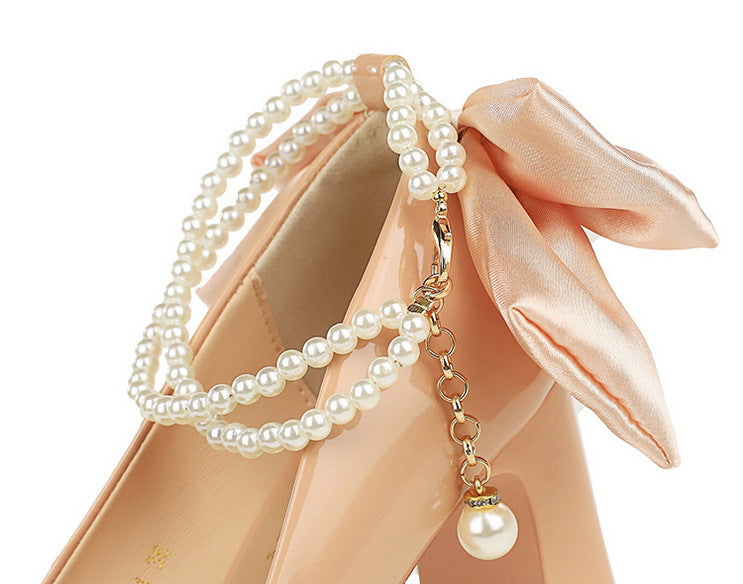 Square Toe Thick Heel Super High Heel Waterproof Platform Pearl Chain Word with Bowknot Wedding Shoes Pumps - kinko Global Holdings inc