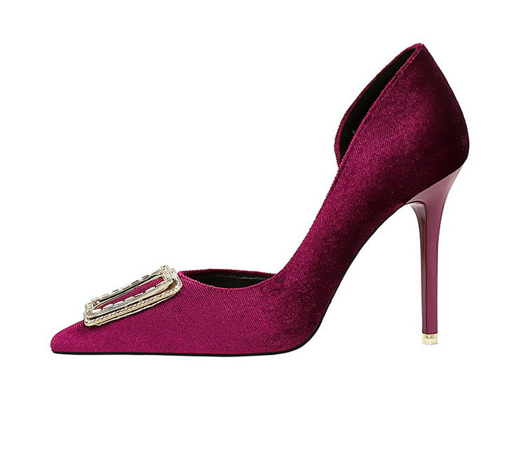 Cocktail High Heels Stiletto Heel Shallow Mouth Pointed Toe Metal Buckle Suede Side Empty Super High Heel Shoes - kinko Global Holdings inc