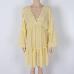 Summer Deep V Plunge neck Lantern Sleeve Dress Beach Cover up